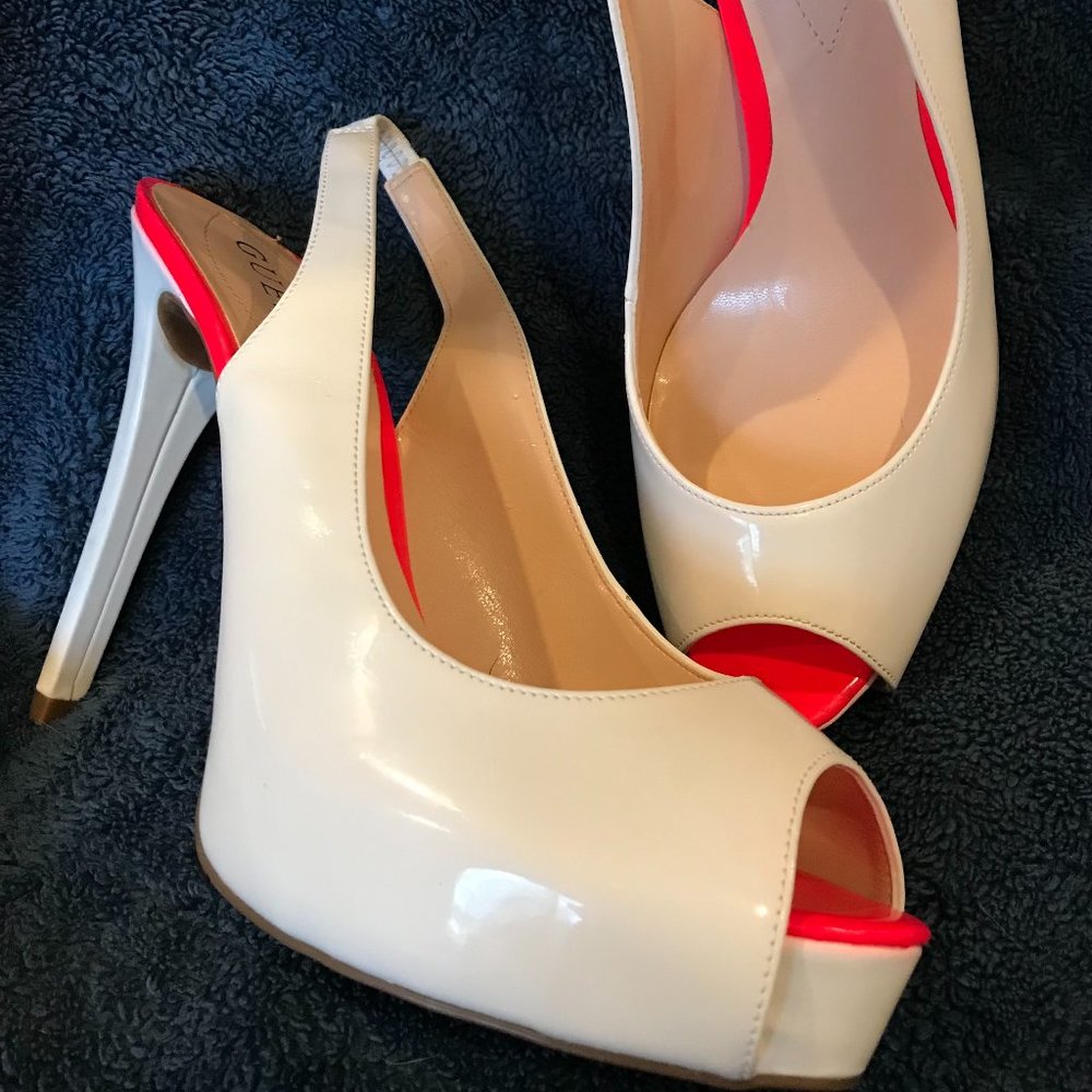 Guess white sling back paten leather platform pump